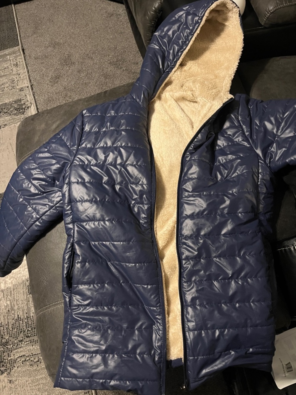 Navy Quilted Puffer Jacket with Cream Sherpa Lining